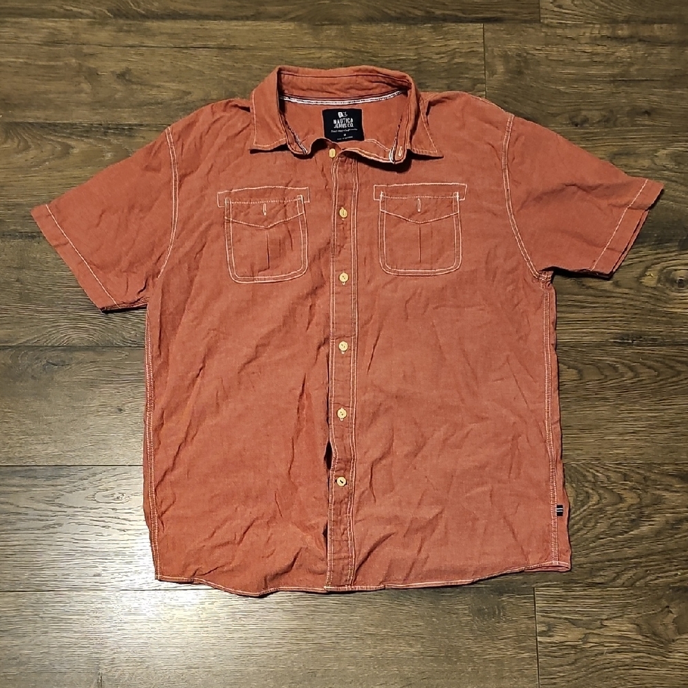 Nautica Shirt Casual Button Down Short Sleeve Red Trimmer Fit Men Medium